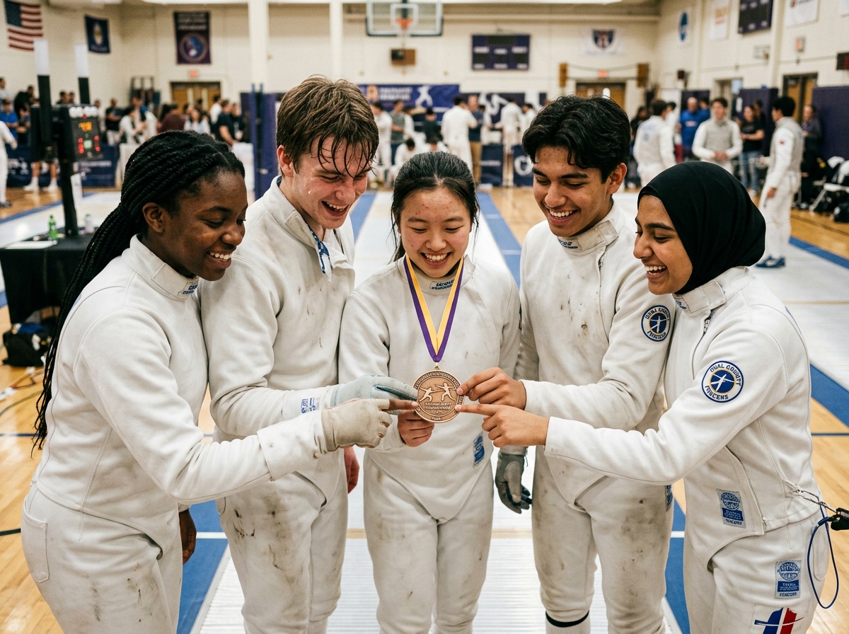 SDFC teammates sharing and touching a newly won tournament medal together