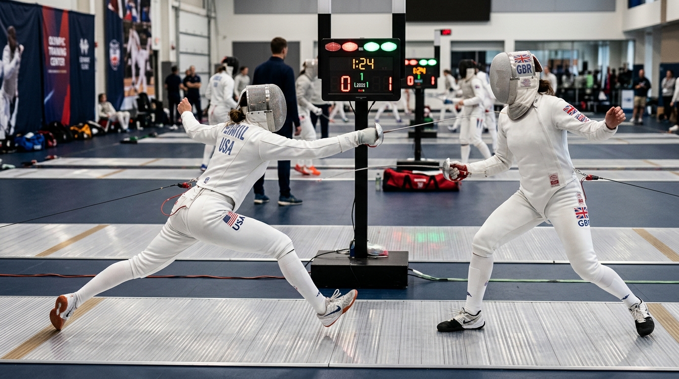 Two Olympic fencers in athletic bout on regulation strip